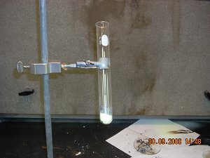 Steel Wool and Sulphur in a test tube ready to be heated